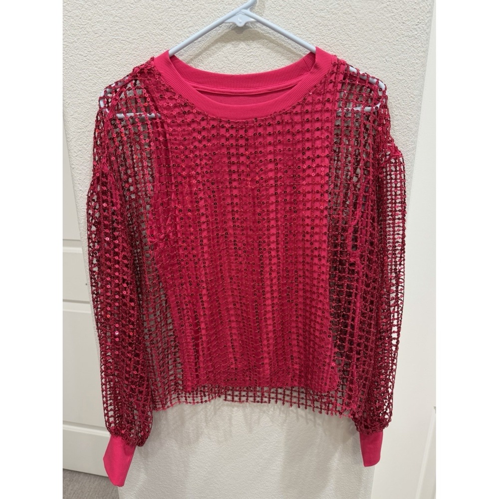 Pilcro Anthropologie Sheer Net Raspberry Hot Pink Sequin Long Sleeve Top XS